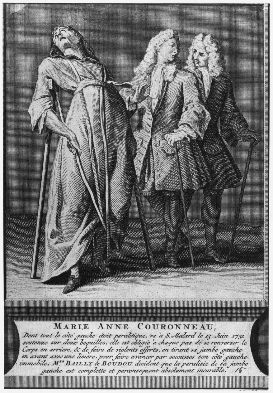 Zázračné uzdravení ochrnuté Marie-Anne Couronneauové na hrobě jáhna Francoise de Paris na farním hřbitově Saint-Medard v Paříži, 13. června 1731, vyryl Pieter Yver (1712-87) 1737 ( od French School