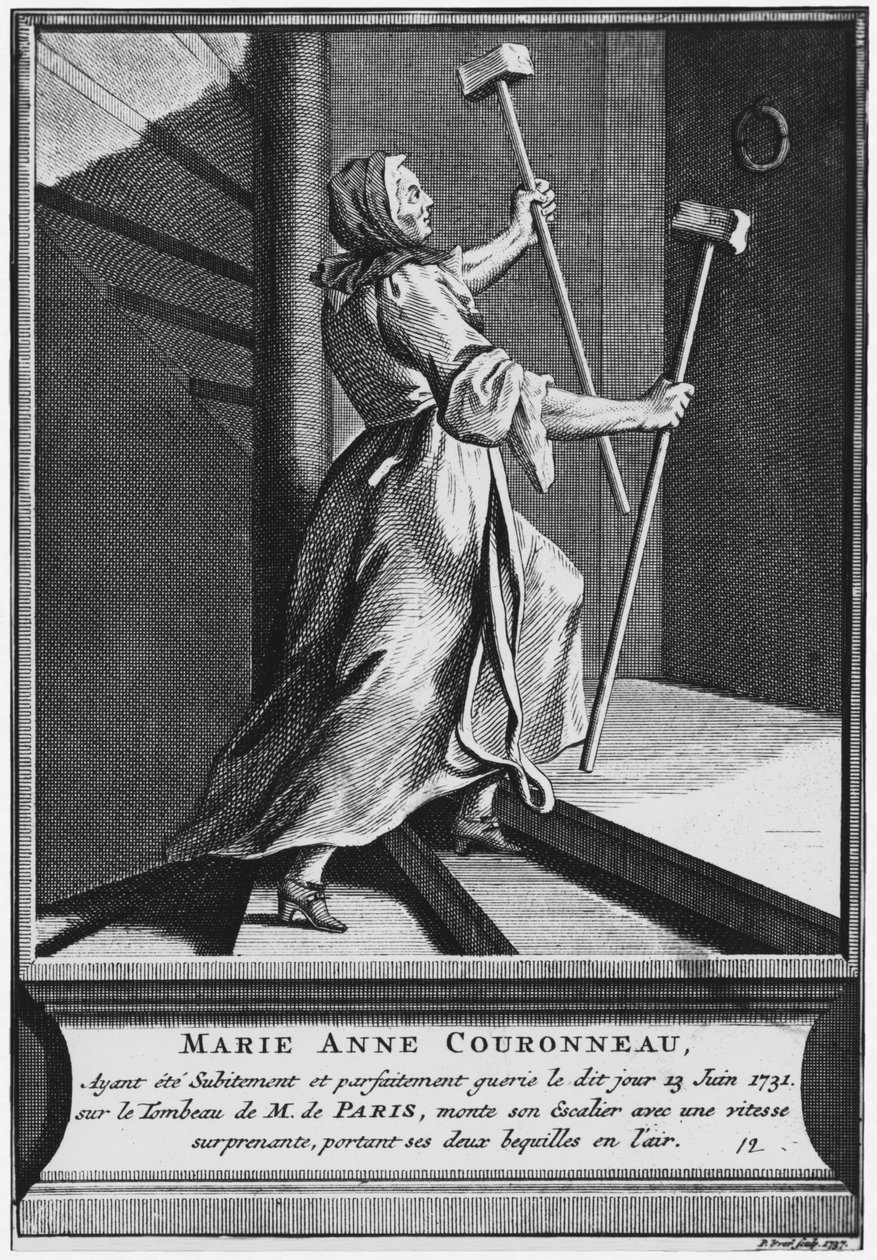 Zázračné uzdravení ochrnuté Marie-Anne Couronneauové na hrobě jáhna Francoise de Paris na farním hřbitově Saint-Medard v Paříži, 13. června 1731, vyryl Pieter Yver (1712-87) 1737 ( od French School