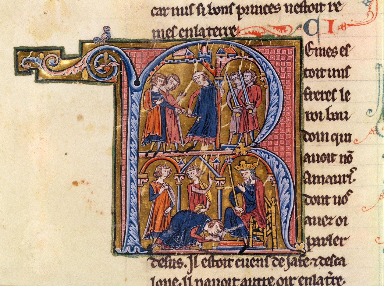 Ms Fr 9081 fol.245v Historická iniciála „R“ zobrazující sultána posílajícího své posly k egyptskému chalífovi a sultána líbajícího chalífovi nohy, z „Histoire de Jerusalem“ od Williama z od French School