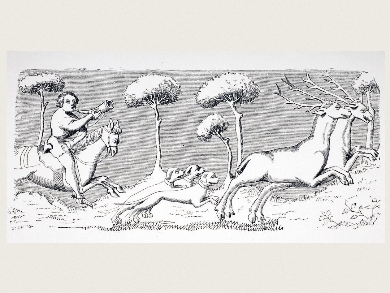 Povaha a vzhled jelenů a jak je lze lovit se psy, podle miniatury v Phoebově rukopisu z 15. století z „Le Moyen Age et La Renaissance“ od Paula Lacroixe (1806-84) publikovat od French School