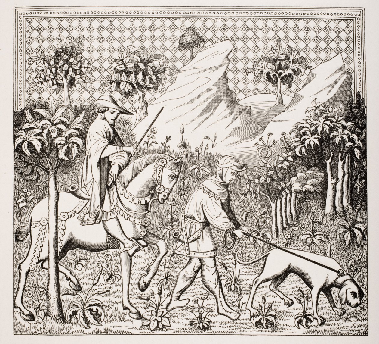 Šlechtic v loveckém kostýmu se svým sluhou a psem, po miniatuře z 15. století v „Des Deduits de la Chasse des Bestes Sauvages“ od Gastona Phoebuse, z „Le Moyen Age et La Renaissance“ od Paula od French School