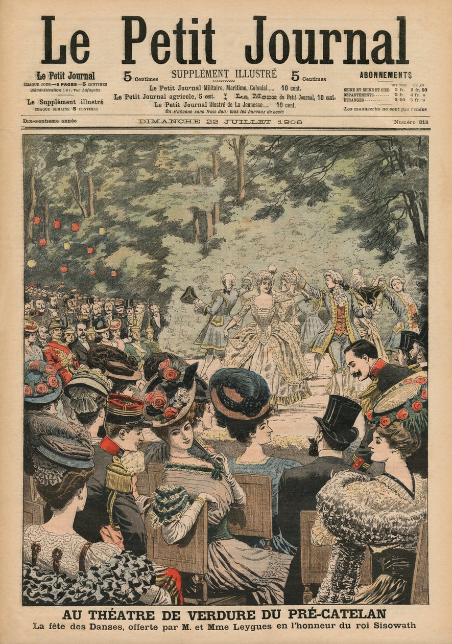 Divadlo pod širým nebem v Pre-Catelan, taneční festival uvádí Georges Leygues na počest Sisowatha, krále Kambodže, ilustrace na přední straně obálky 