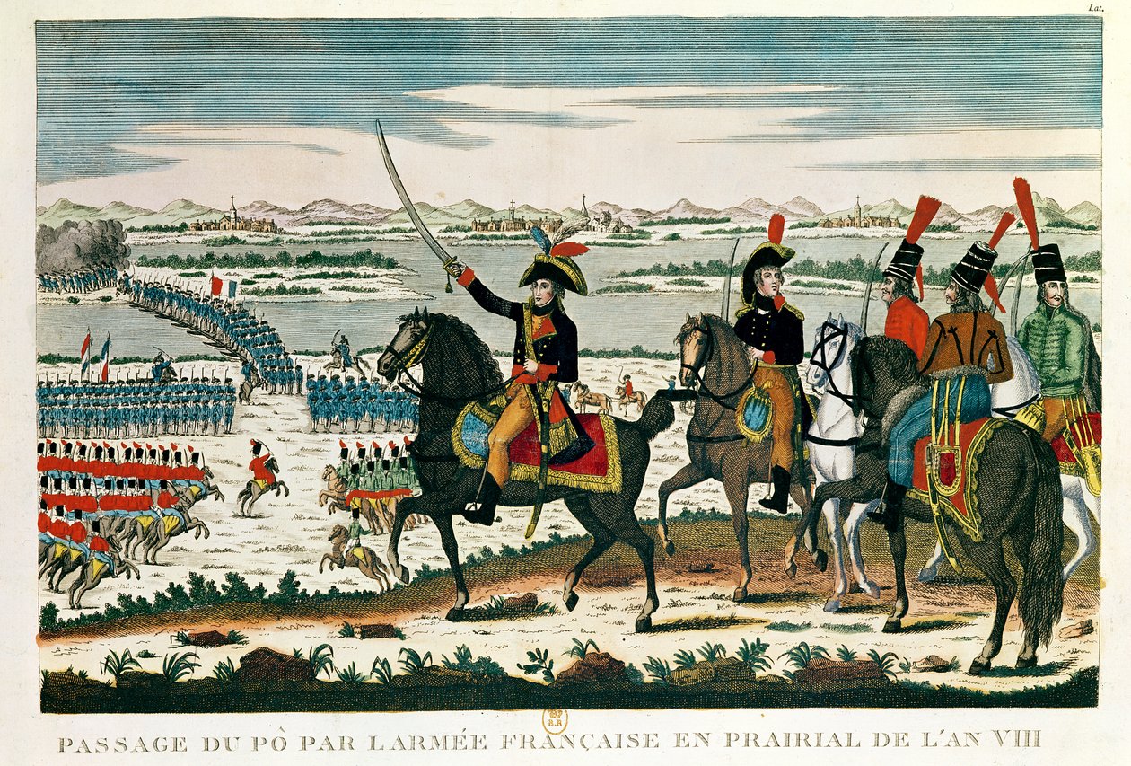 Průjezd do Pádu, před bitvou u Marenga, Prairial, rok VIII (barevná rytina) od French School