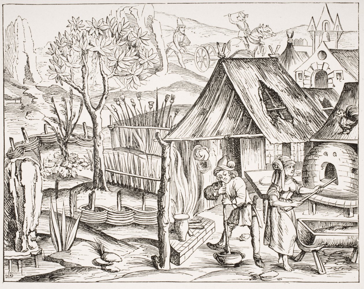 Rolníci, kteří pěstují obilí a vyrábějí ječmen a ovesný chléb, podle dřevorytu z vydání Virgilia vydaného v Lyonu, 1517, z „Le Moyen Age et La Renaissance“ od Paula Lacroixe (1806-84) str. od French School