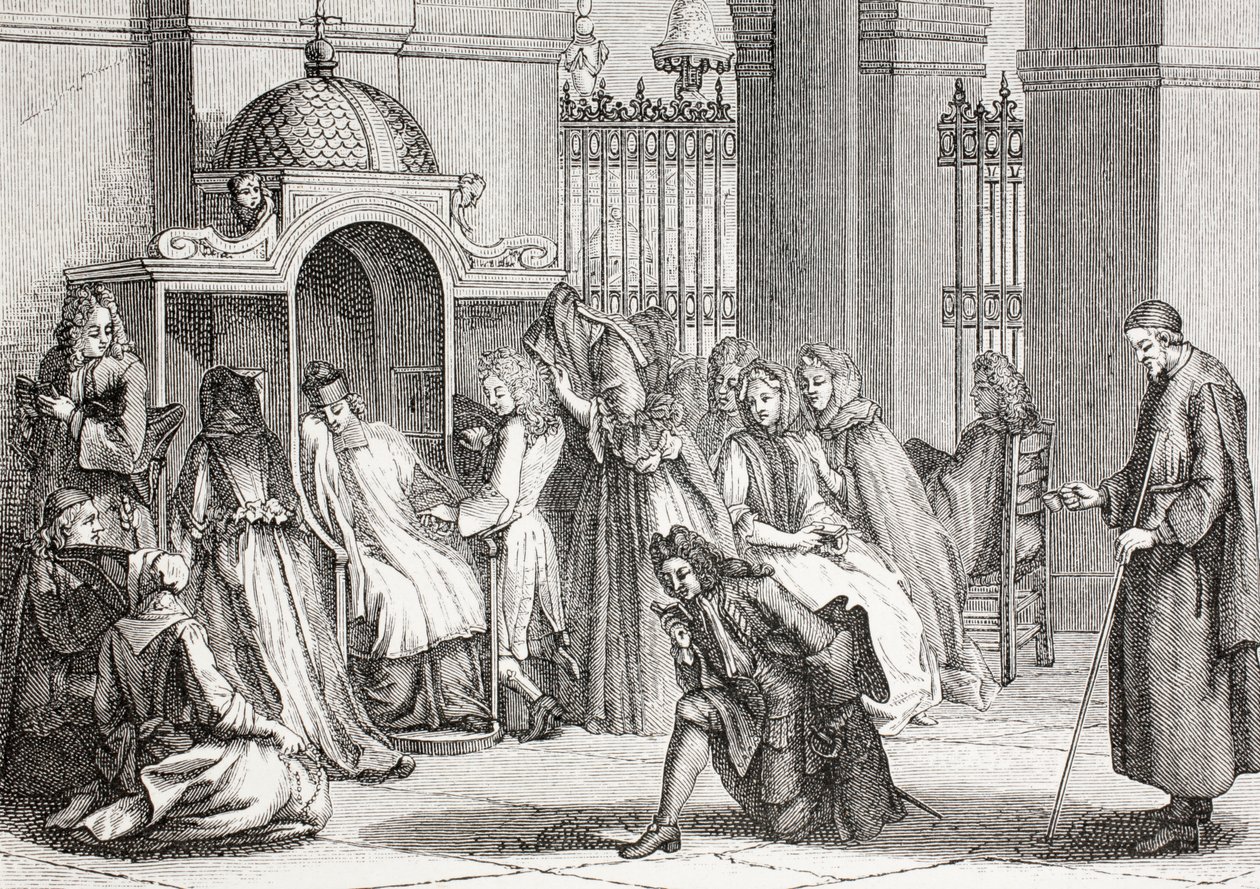 Lidé v kostele se shromáždili kolem kněze a čekali na zpověď po díle Bernarda Picarta z „XVIII Siecle Institutions, Usages et Costumes“, vydané v roce 1875 od French School