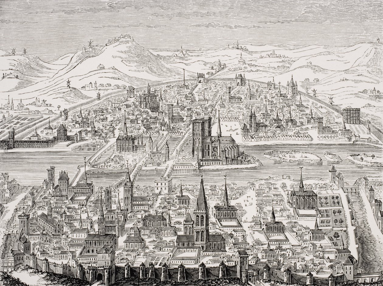 Perspektivní pohled na Paříž, faksimile mědirytu od Leonarda Gaultiera (1561-1641) 1607, z „Le Moyen Age et La Renaissance“ od Paula Lacroixe (1806-84) vydaného 1847 od French School