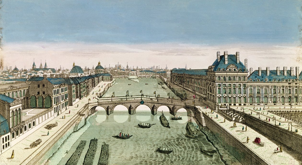 Perspektivní pohled na Paříž z Pont Royal (barevná rytina) od French School