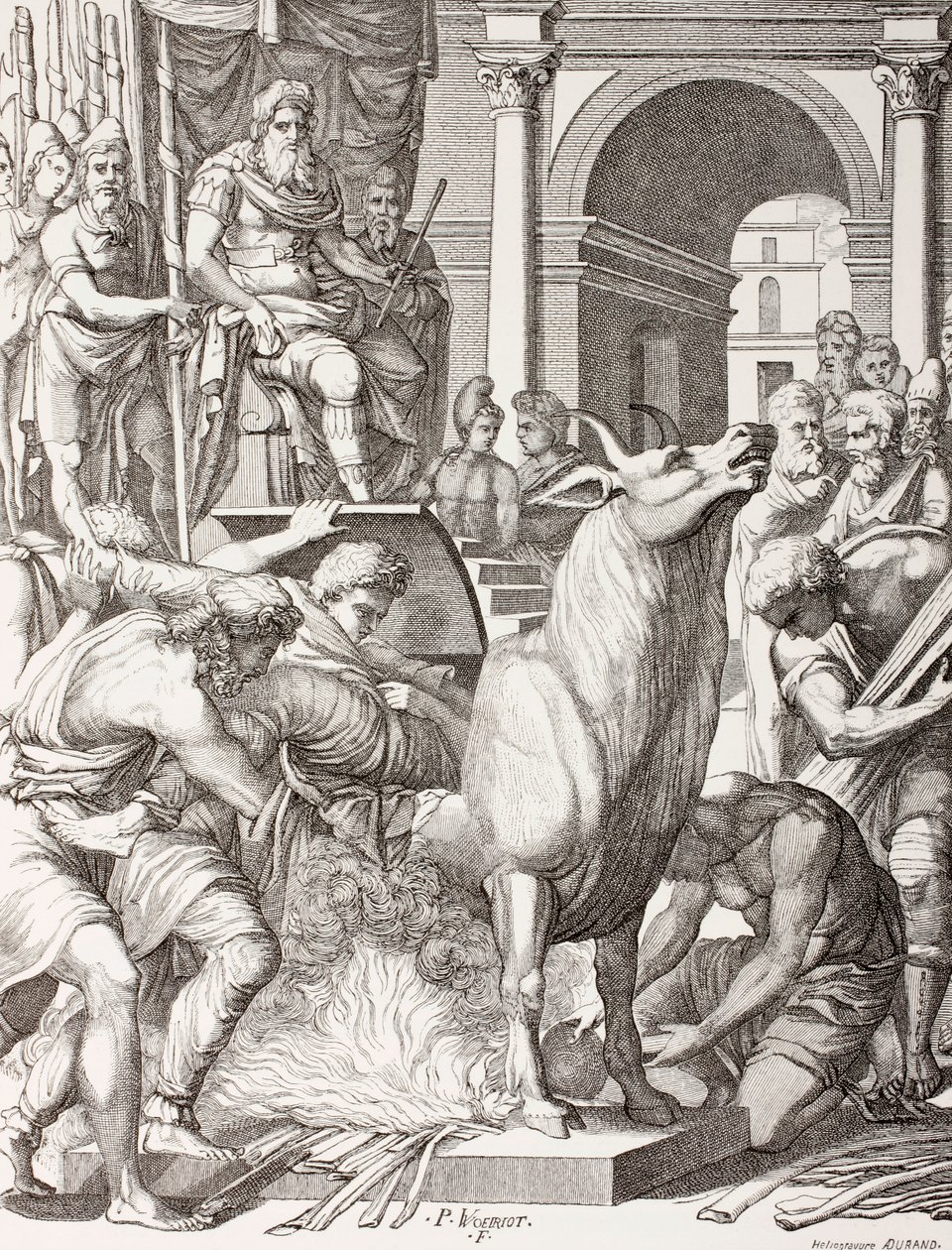 Phalaris odsuzující sochaře Perilla, aby zemřel v bronzovém býkovi, aby byl upražen zaživa, a jeho výkřiky budou představovat řev býka podle díla ze 16. století z „Les Arts au Moyen Age“ od French School