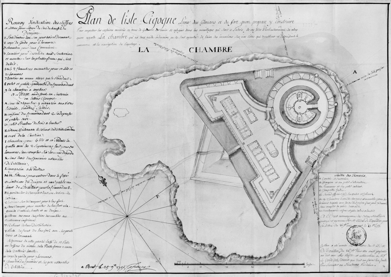 Plán Ile Cigogne a projekt pevnosti, Archipel des Glenan, 1745 (tužka a wc na papíře) od French School