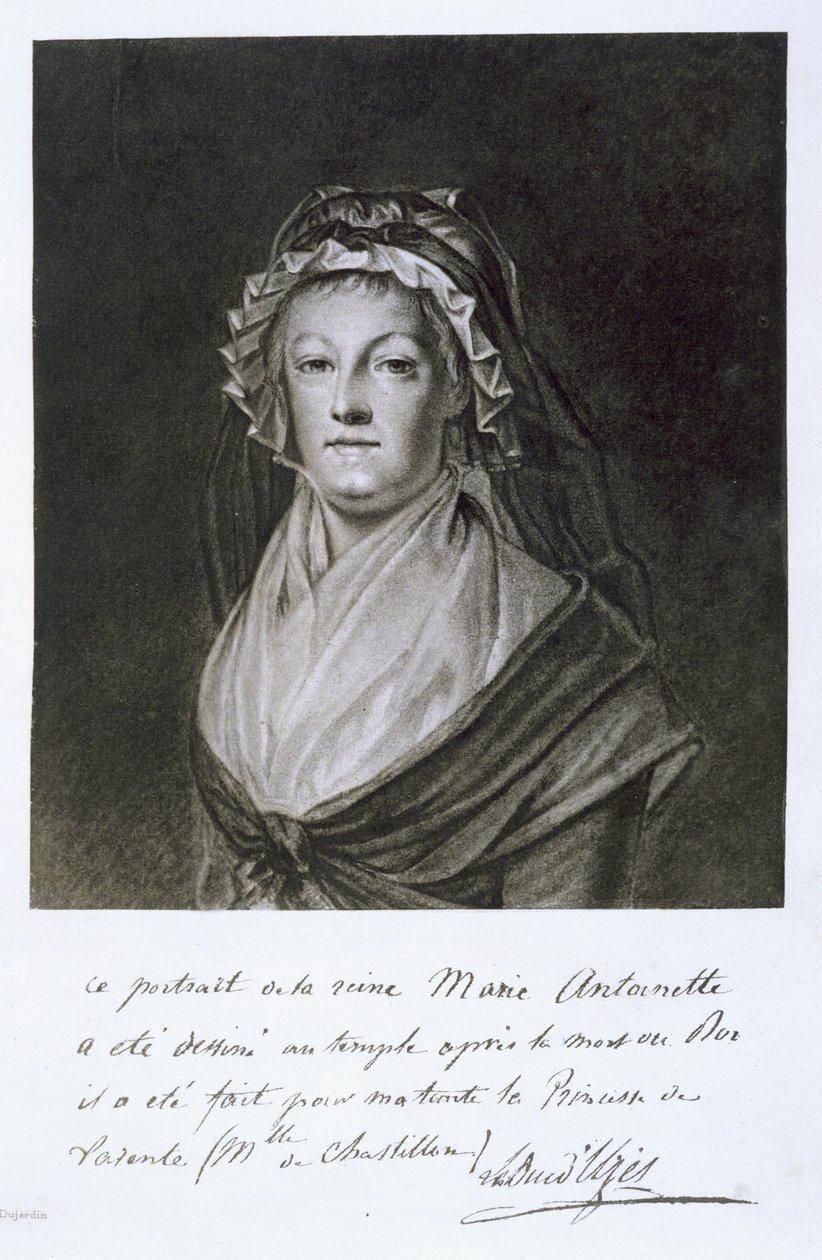Portrét Marie Antoinetty ve věznici Temple, vyrytý Dujardinem, z „Souvenirs de la Revolution: Mes Parents“, Charles, Duc de la Tremoille, vydáno Paříž, 1901 (heliogravura) od French School