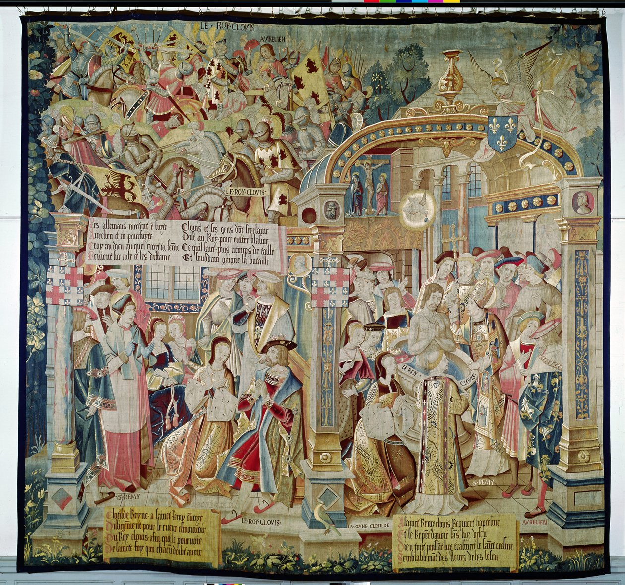 Scény ze života sv. Remigia († 533) biskupa z Remeše: bitva u Tolbiacu v roce 496: obrácení a křest Chlodvíka I. (465-511), krále Franků, 1531 (tapisérie) od French School