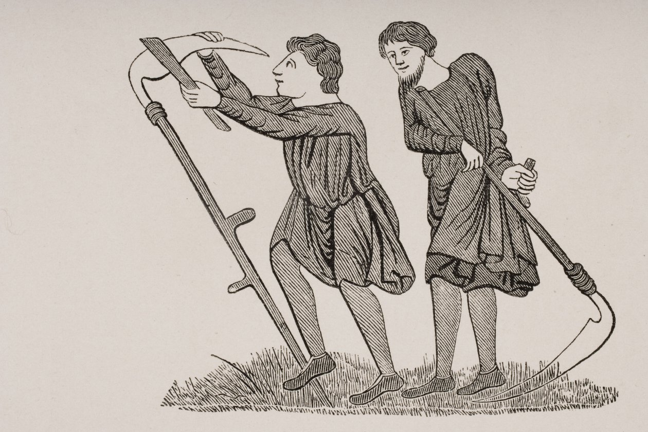 Nevolníci pracující na polích s kosami, podle miniatury v rukopisu z 12. století, z „Le Moyen Age et La Renaissance“ od Paula Lacroixe (1806–84) vydaného v roce 1847 od French School