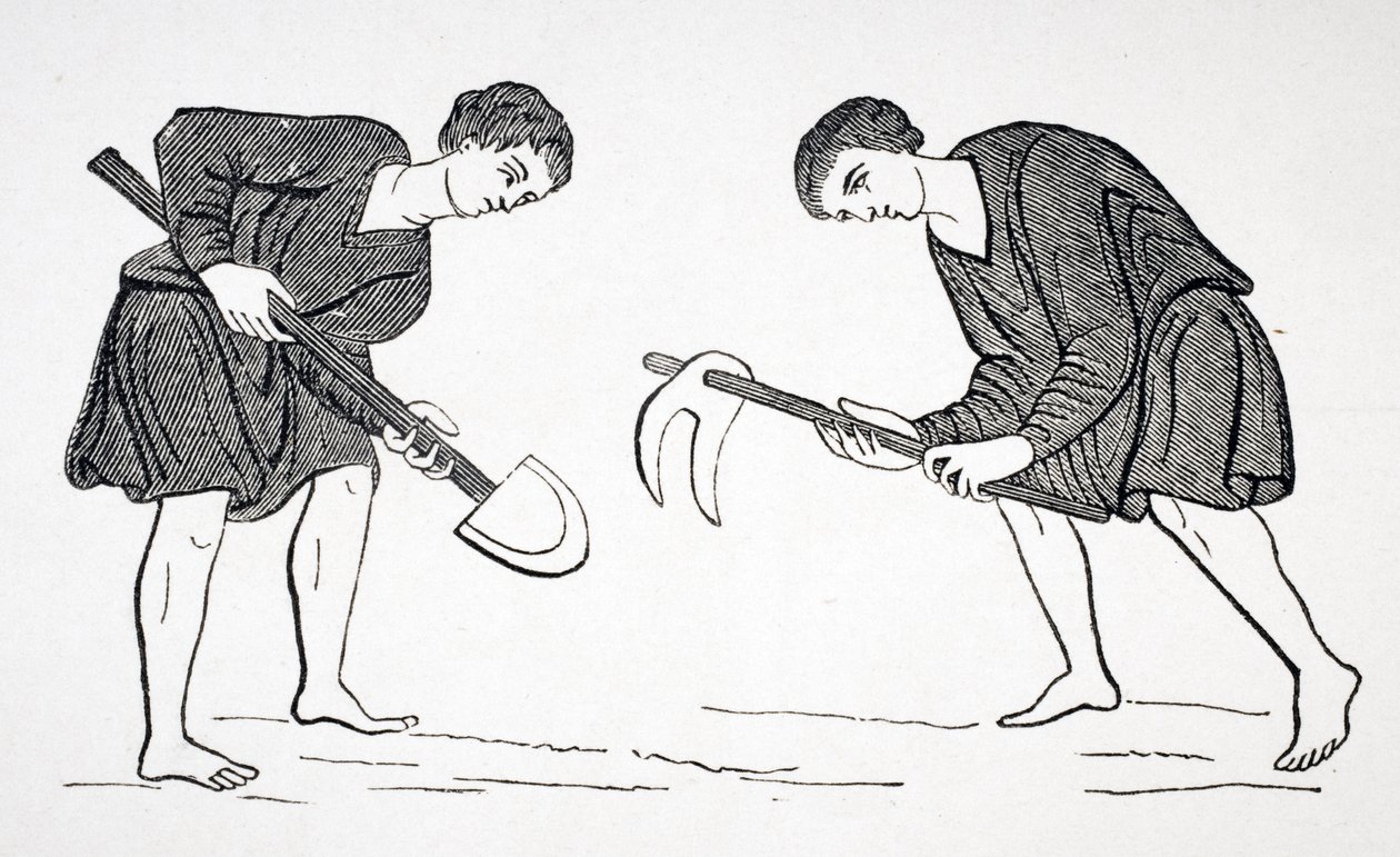 Nevolníci pracující na polích s motykou a rýčem, podle miniatury v rukopisu z 12. století, z „Le Moyen Age et La Renaissance“ od Paula Lacroixe (1806-84) vydaného 1847 (litho) od French School