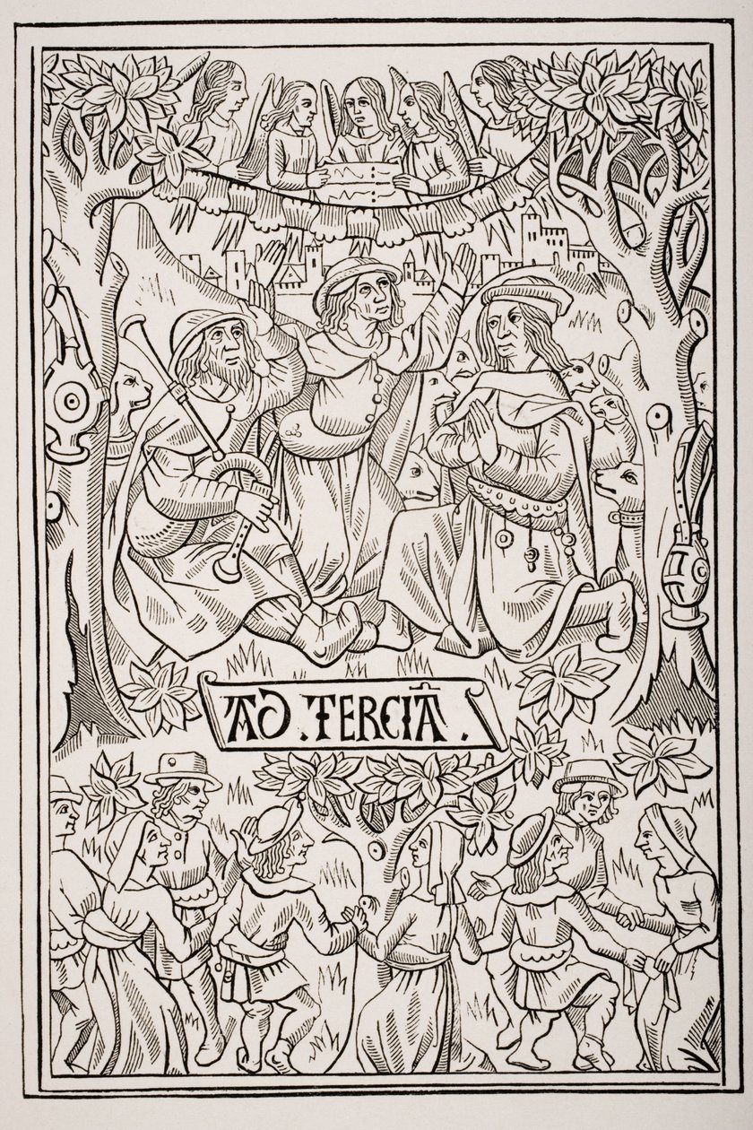 Pastýři oslavující narození Mesiáše písněmi a tanci, po dřevořezu z 15. století z Knihy hodin, z „Le Moyen Age et La Renaissance“ od Paula Lacroixe (1806–84) vydaného v roce 1847 od French School