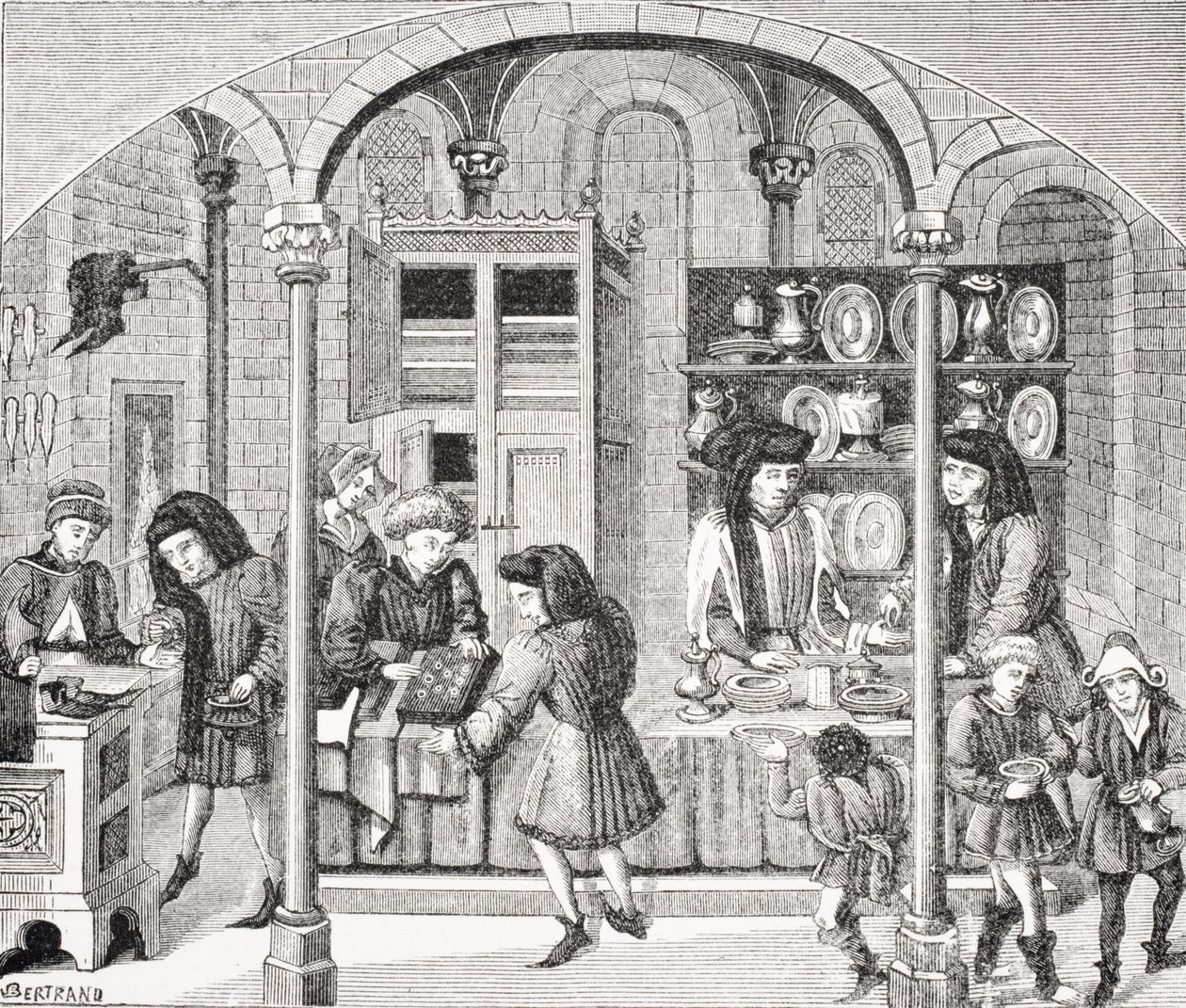 Obchody pod krytým trhem podle miniatury v překladu ze 14. století Aristotelovy „Etiky a politiky“ od Nicolase Oresma (asi 1323-82) z „Le Moyen Age et La Renaissance“ od Paula Lacroixe ( od French School