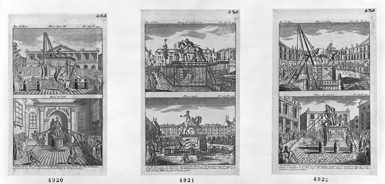 Šest královských soch zničených v Paříži, 11. srpna 1792 (rytina) od French School