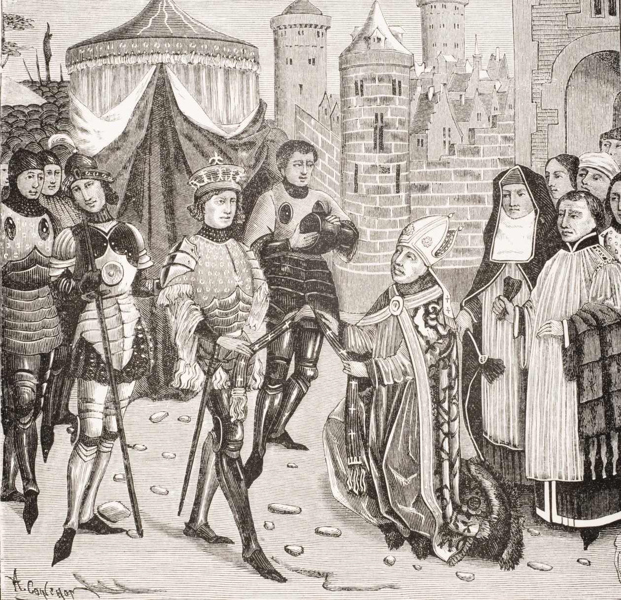 St. Remy, biskup z Remeše, prosí krále Chlodvíka (465-511) o navrácení posvátné vázy, kterou ukradli Frankové při plenění Soissons, po miniaturě v rukopisu 