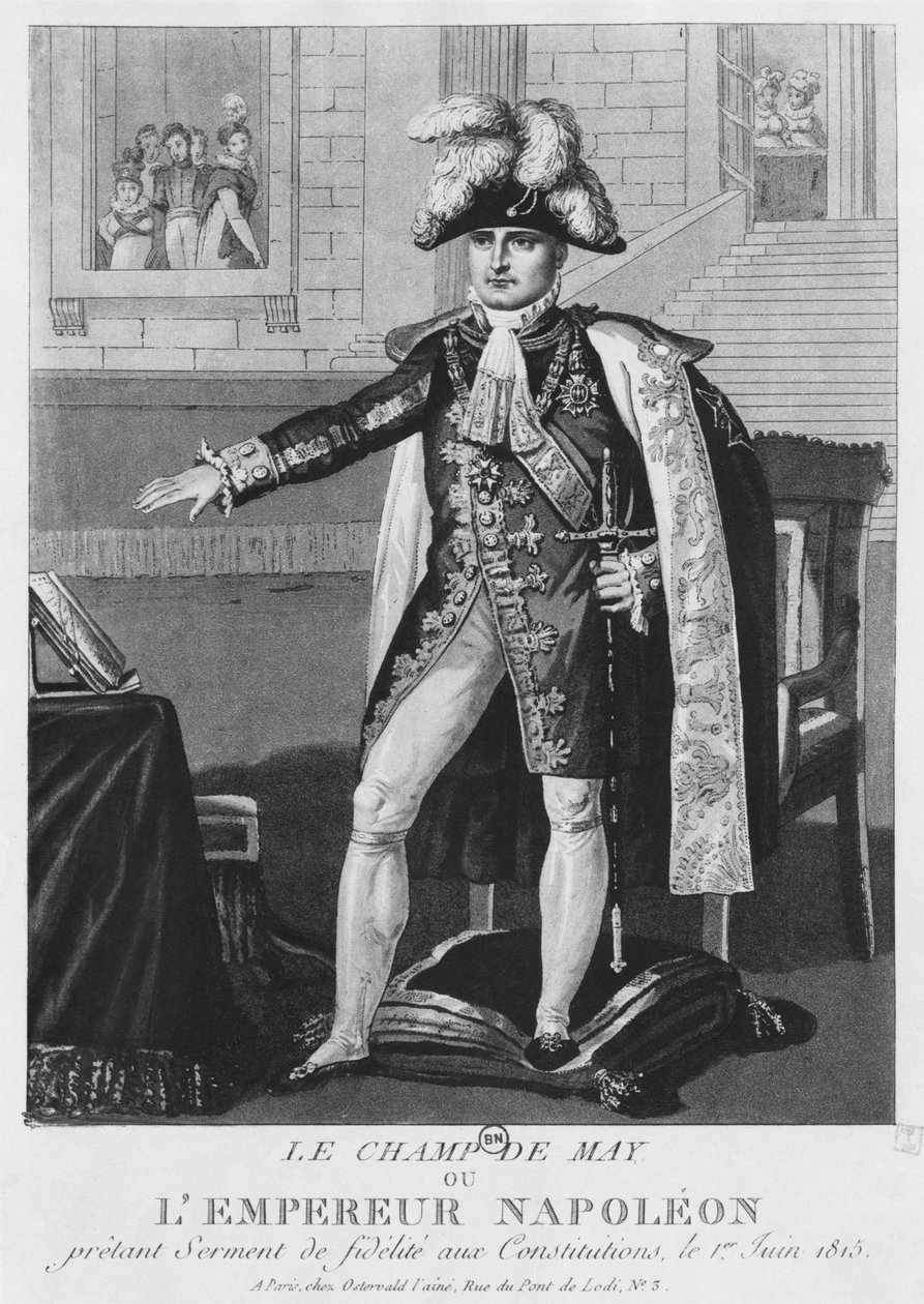 „Champ de Mai“ neboli císař Napoleon I. přísahal 1. června 1815 věrnost ústavám Dodatečný akt z 22. dubna 1815 k Ústavám říše (rytina od French School