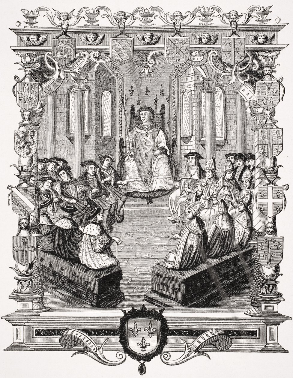 Občanský proces s Charlesem de Bourbon (1490-1527) Před vrstevníky Francie, 1523, po rytině v „La Monarchie Francoise of Montfaucon“, z „Le Moyen Age et la Renaissance“ od Paula Lacroixe od French School