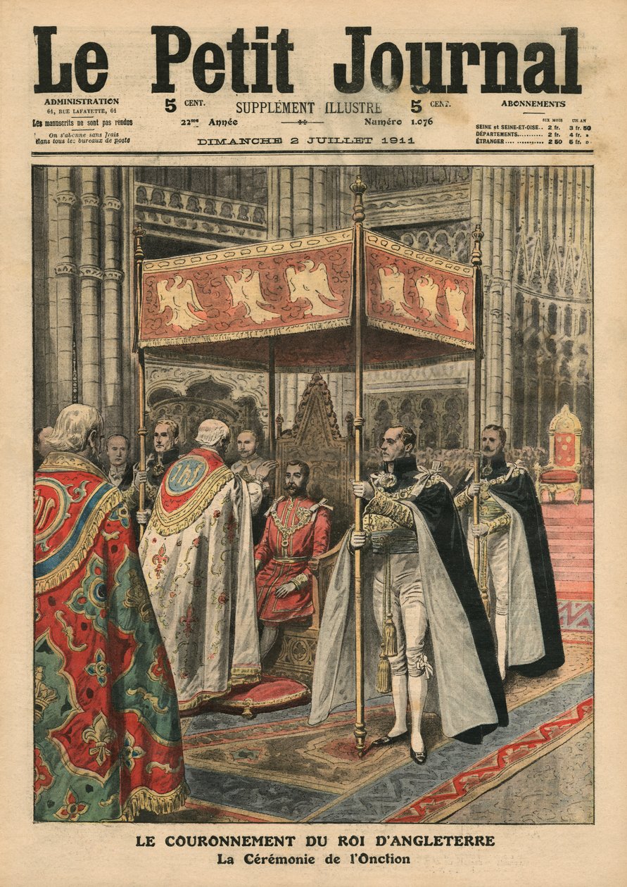 Korunovace krále Jiřího V. (1865-1936) a obřad pomazání ve Westminsterském opatství, 23. června 1911, ilustrace z „Le Petit Journal“, příloha ilustrovaná, 2. července 1911 od French School