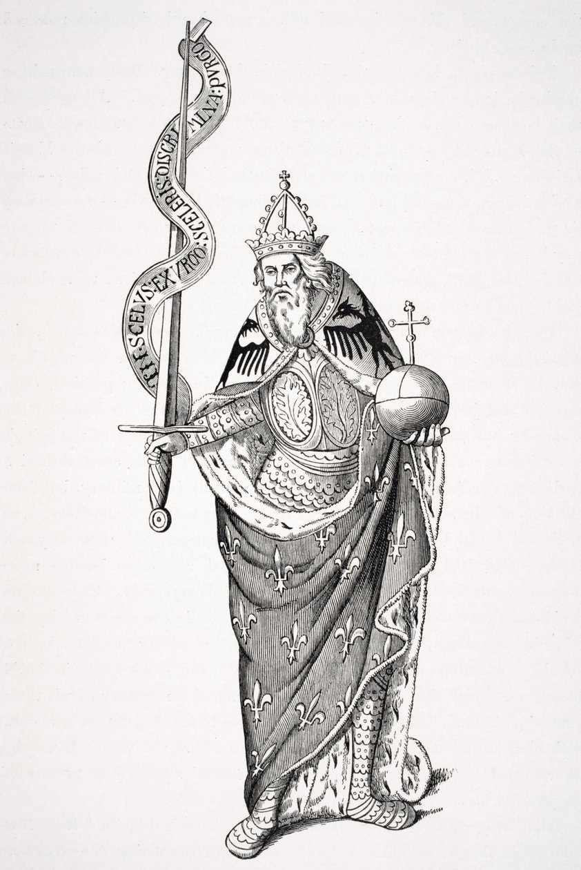 Císař Karel Veliký (747-814) držící glóbus a meč podle miniatury v Registrech pařížské univerzity z „Le Moyen Age et la Renaissance“ od Paula Lacroixe (1806-84) publikované od French School