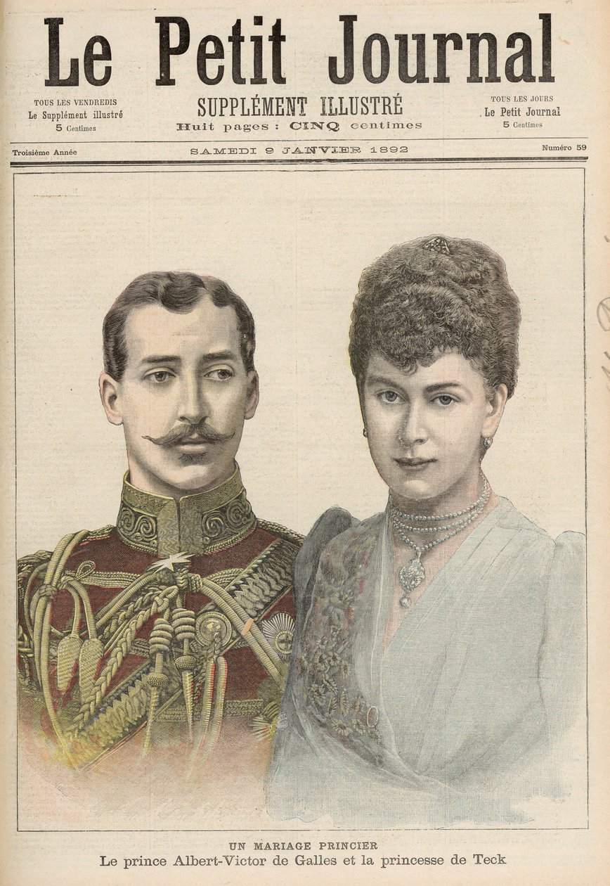Zasnoubení Alberta Victora (1864-92) vévody z Clarence, nejstaršího syna Edwarda, prince z Walesu, s Victorií Mary z Tecku (1867-1953) z „Le Petit Journal“, 9. ledna 1892 od French School