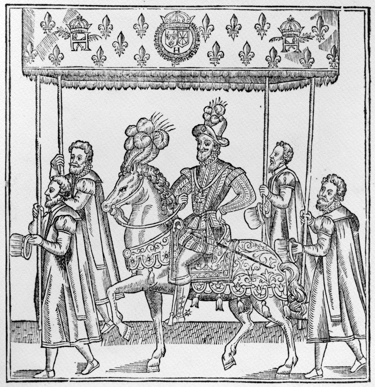Vjezd Jindřicha IV do Rouenu, 16. října 1596, ilustrace z „Discours de la Ioyeuse et triomphante entree de Henry IIII faicte en sa ville de Rouën“, vydané v roce 1599 (dřevořez) od French School