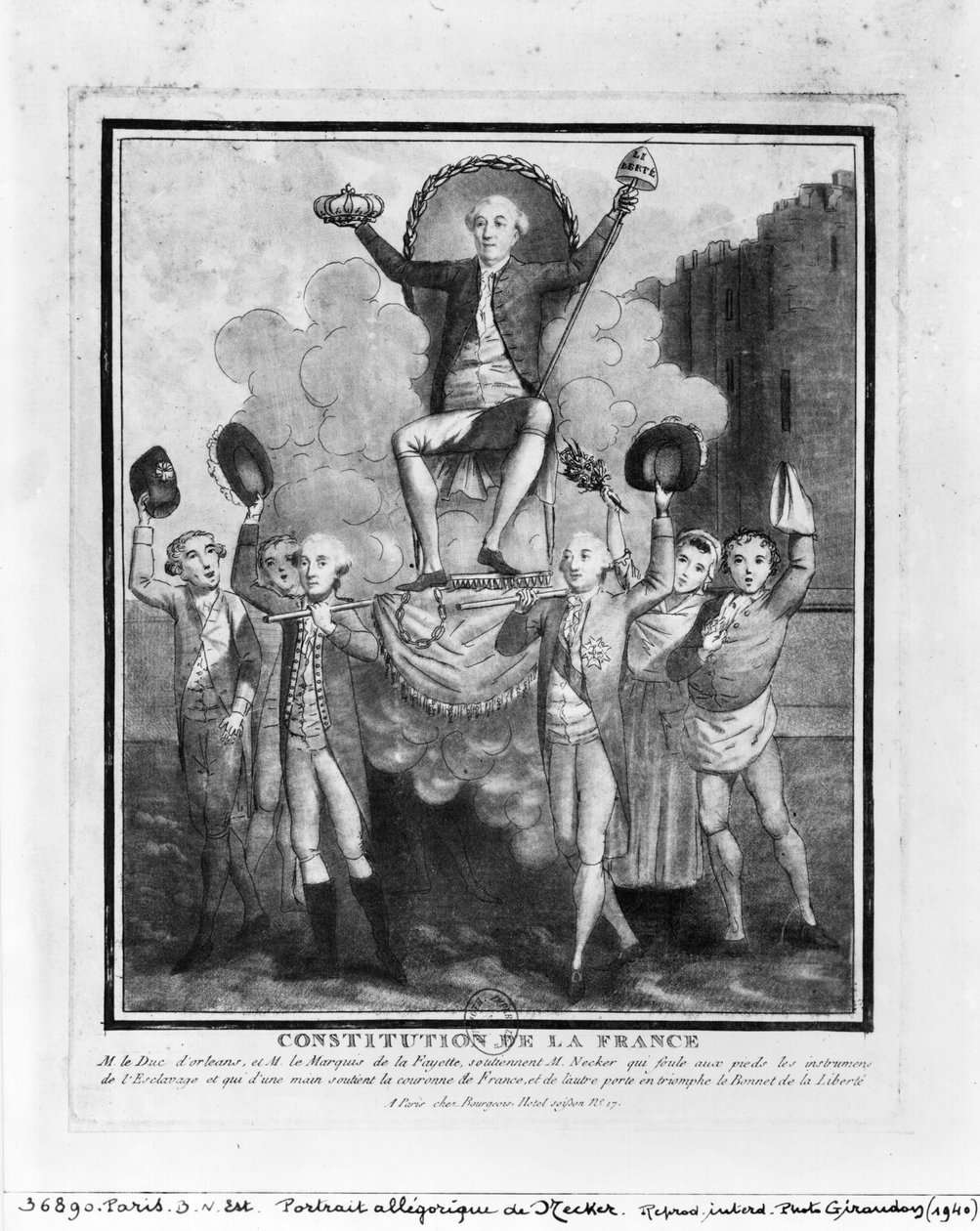Francouzská ústava: Alegorický portrét Jacquese Neckera (1732-1804), který drželi Louis Philippe Joseph (1747-93), Duc d