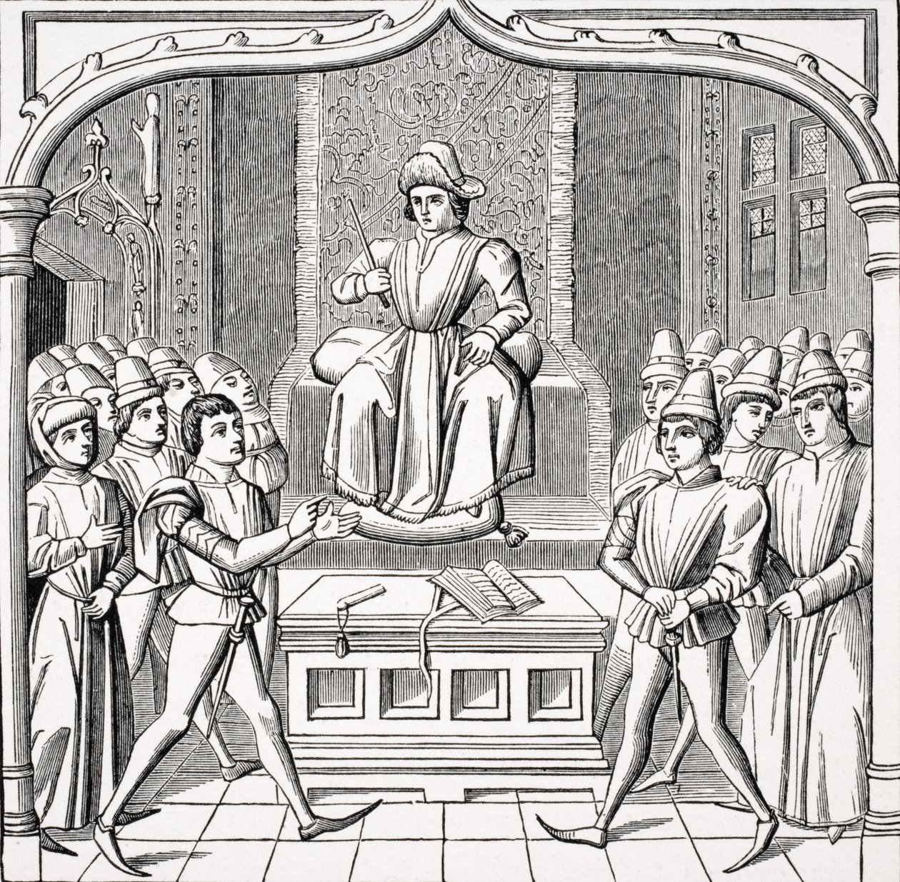 Soudní souboj – Žalobce otevírá svůj případ před soudcem po miniaturě v rukopise z 15. století „Ceremonies des Gages des Batailles“ z „Le Moyen Age et la Renaissance“ od Paula La od French School