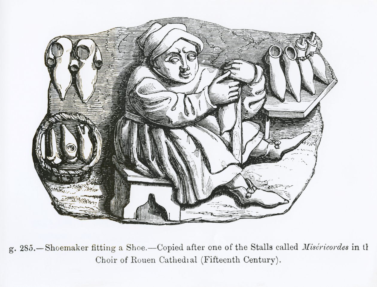 The Shoemaker Fitting a Shoe, zkopírovaný z jednoho ze stánků Misericordia ve sboru rouenské katedrály, ilustrace z „Vědy a literatury ve středověku a renesanci“, psaná a od French School