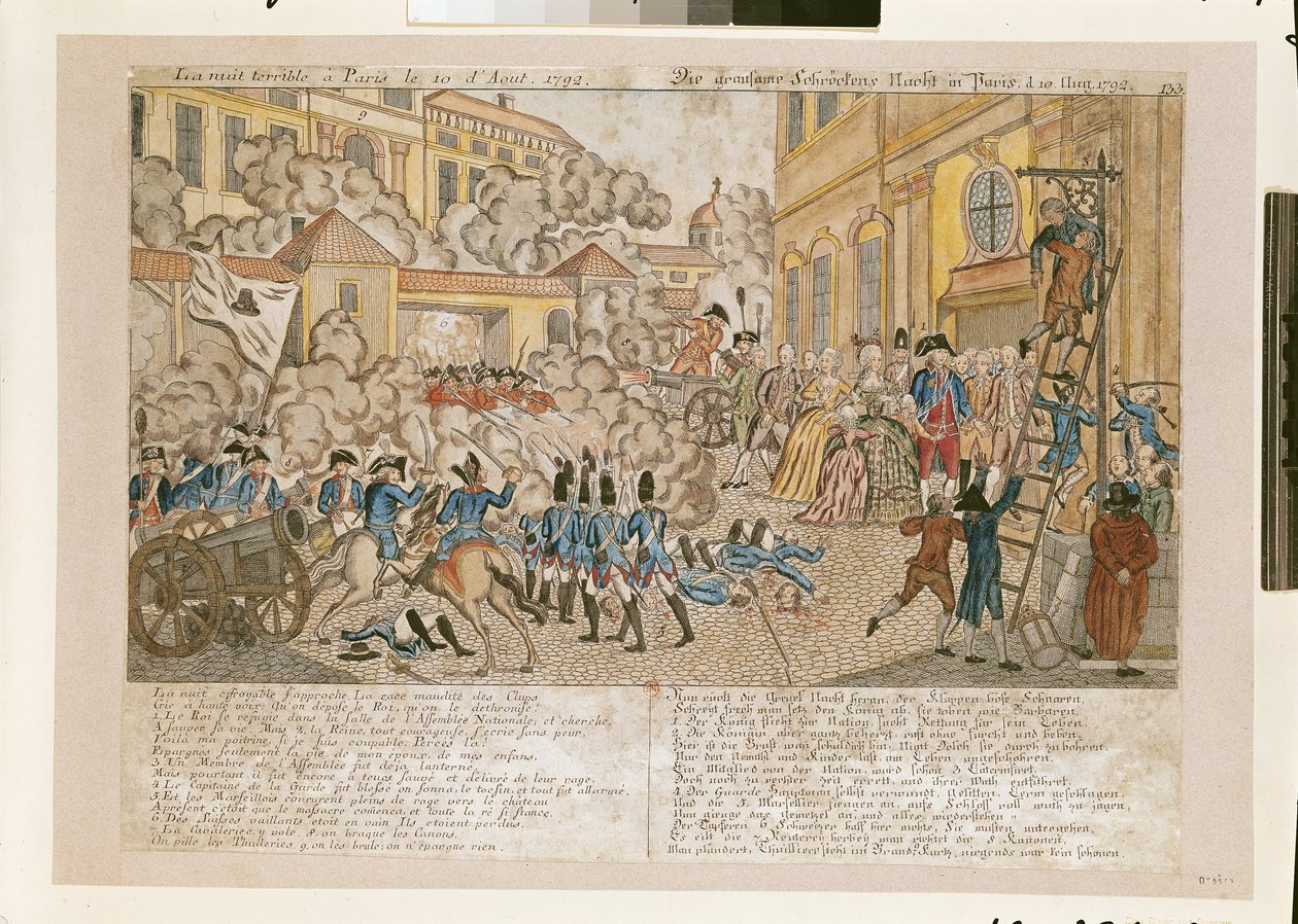 Hrozná noc v Paříži, 10. srpna 1792 (barevná rytina) od French School