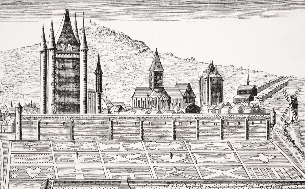 Věž chrámu v Paříži, po rytině ‚Topografie Paříže‘, z ‚Le Moyen Age et La Renaissance‘ od Paula Lacroixe (1806-84), vydané v roce 1847 od French School