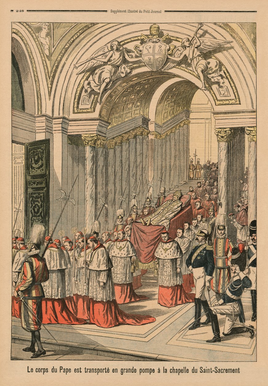 Tělo papeže Lva XIII. je s velkou pompou přeneseno do kaple Nejsvětější svátosti, ilustrace na zadní straně obálky z "Le Petit Journal", supplement illustre, 2. srpna 1903. od French School