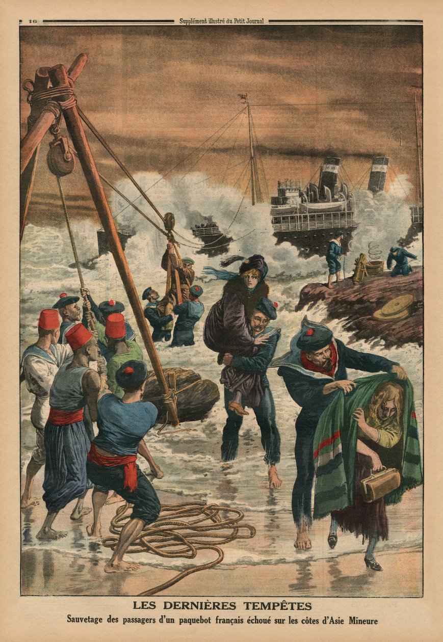 Poslední mořské bouře, zachraňující pasažéry francouzského parníku ležícího na pobřeží Malé Asie, ilustrace zadní obálky z 