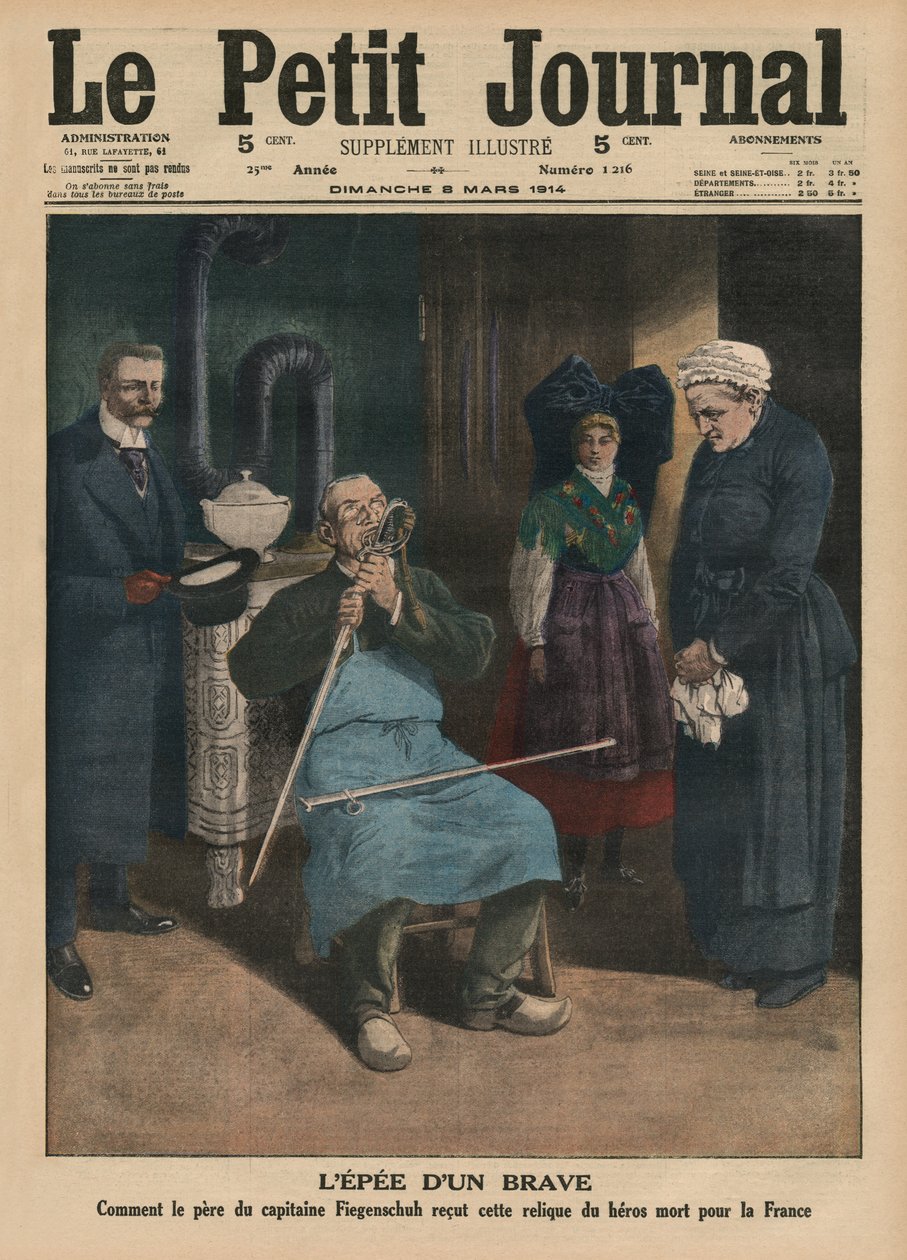 Meč statečného muže, jak otec Capitaine Fiegenschuh obdržel relikvii hrdiny zabitého pro Francii, ilustrace na přední straně obálky z 