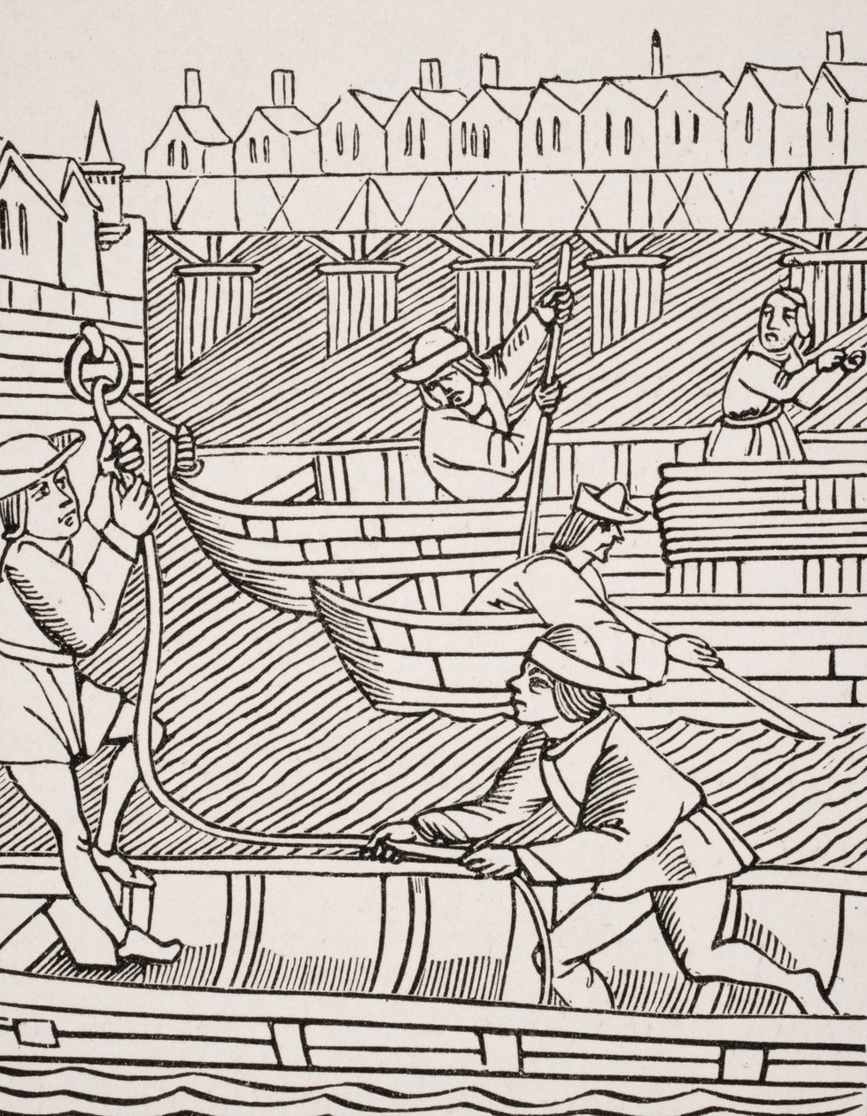 Mýto pod pařížskými mosty, po dřevorytu v „Ordonnances de la Prevoste des Marchands de Paris“, 1500, z „Le Moyen Age et La Renaissance“ od Paula Lacroixe (1806-84) vydaného v roce 1847 od French School