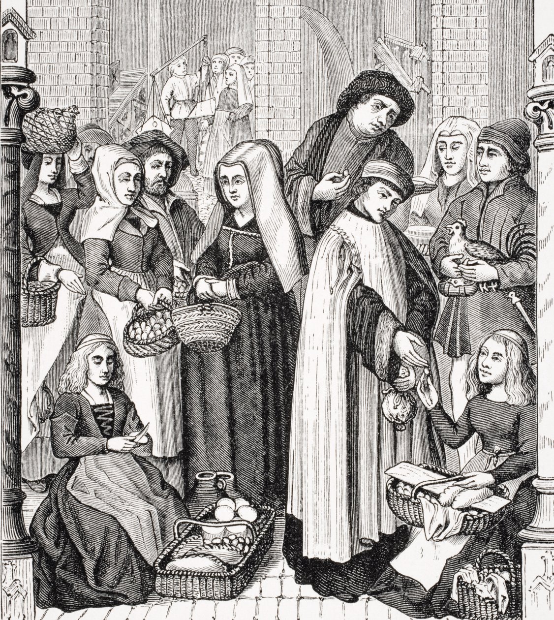 Mýto na trzích, vybírané klerikem, po malovaném okně z 15. století v katedrále v Tournay, z „Le Moyen Age et La Renaissance“ od Paula Lacroixe (1806–84) vydaného v roce 1847 od French School