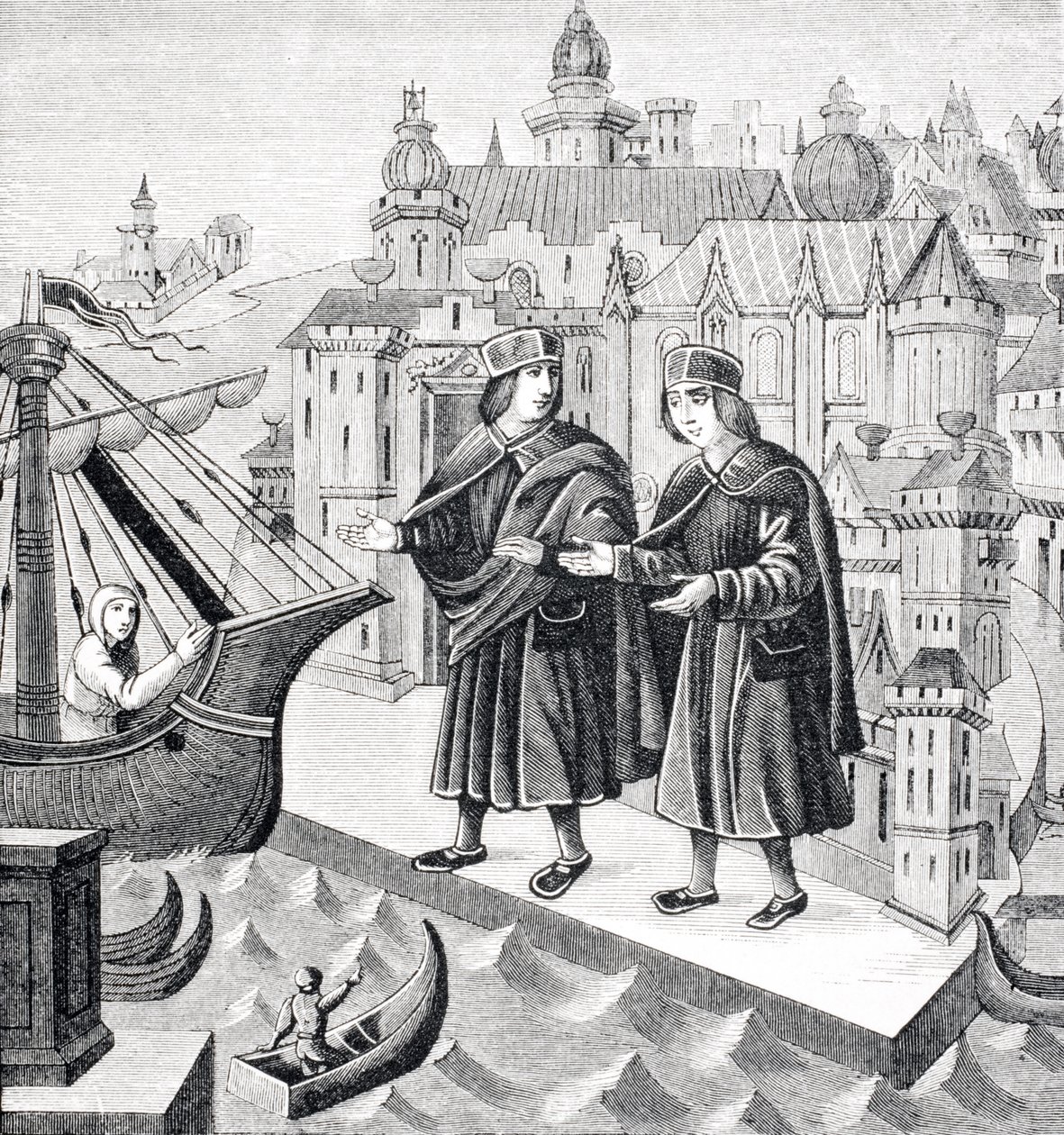 Obchod na mořských přístavech v Levantě, reprodukce miniatury v rukopise z 15. století „Cesty Marca Pola“ z „Le Moyen Age et La Renaissance“ od Paula Lacroixe (1806-84), vydáno 184 od French School