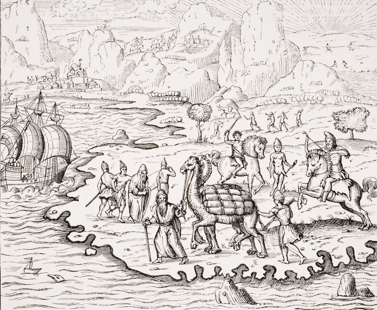 Přeprava zboží na hřbetech velbloudů, reprodukce dřevorytu z knihy "La Cosmographie Universelle" od Andre Theveta, vydané v roce 1575, z knihy "Le Moyen Age et La Renaissance" od Paula Lacroixe (1806). od French School