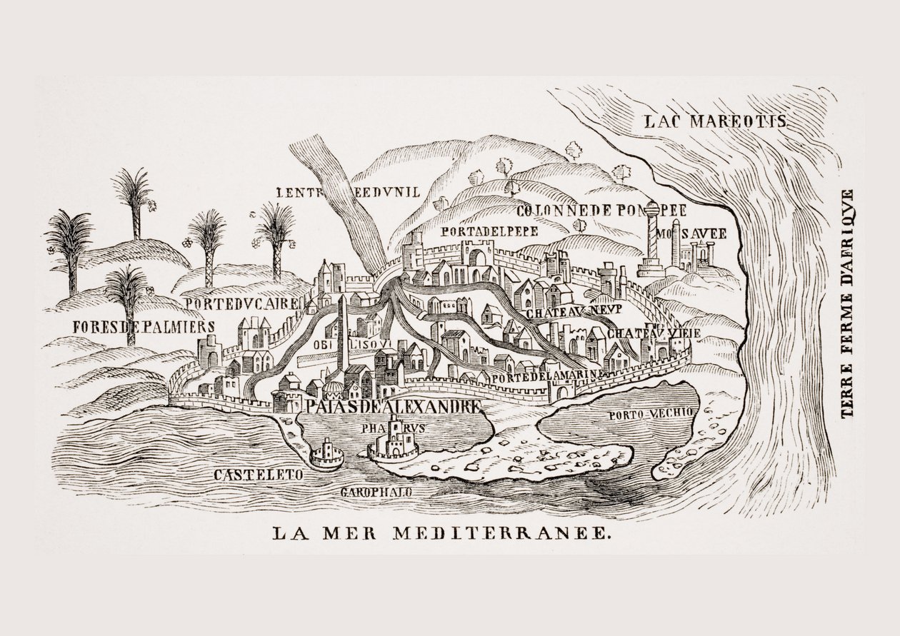 Pohled na Alexandrii v Egyptě, podle dřevorytu z knihy "Observations de Plusieurs Singularitez" od P. Belona, vydané v Paříži roku 1588, z knihy "Le Moyen Age et la Renaissance" od Paula Lacroixe (1806-84), vydané 18 od French School