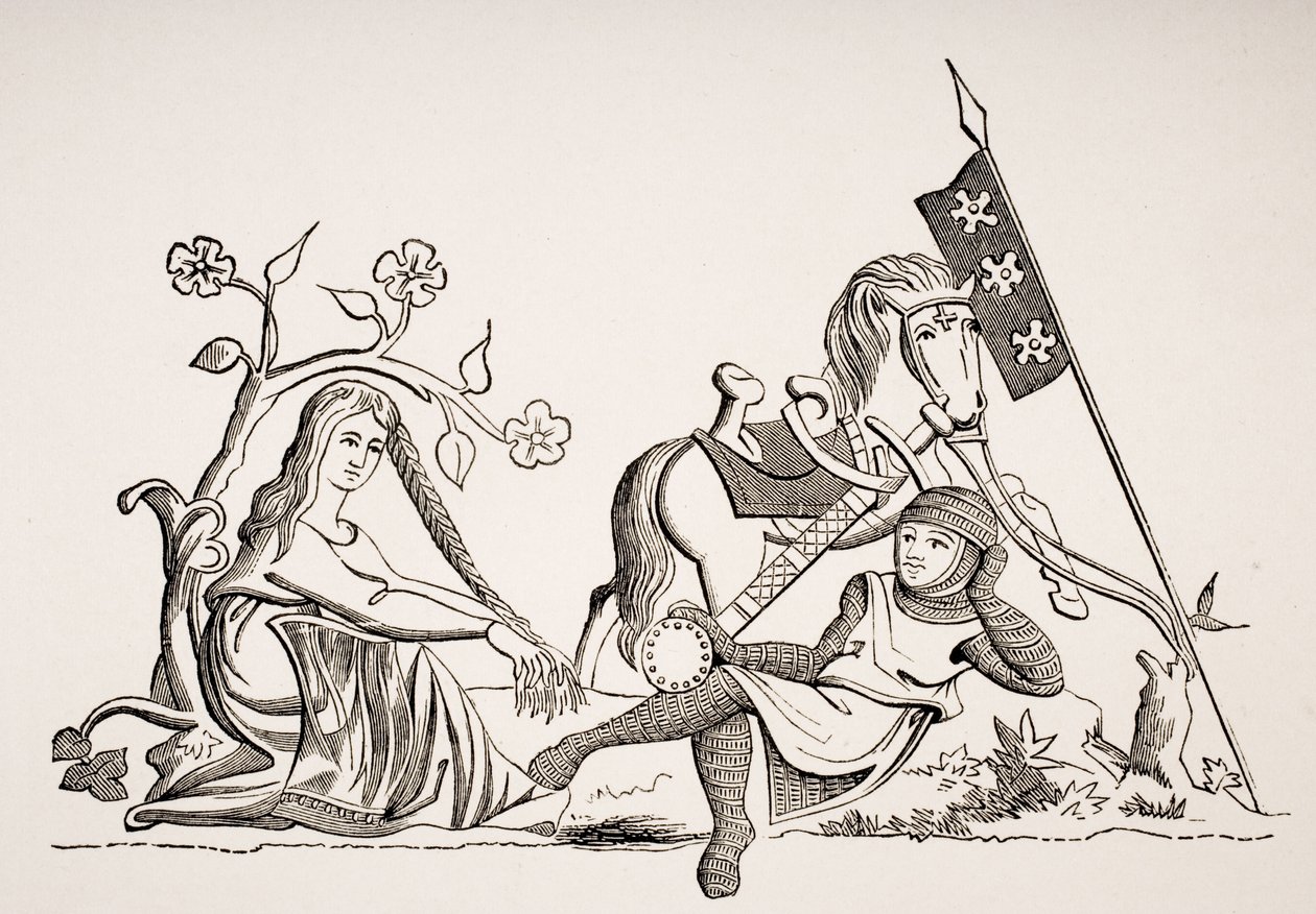 Žena pod ochranou rytířství, po miniaturě z konce 15. století v knize latinských žalmů, z „Le Moyen Age et La Renaissance“ od Paula Lacroixe (1806-84) vydaného v roce 1847 od French School