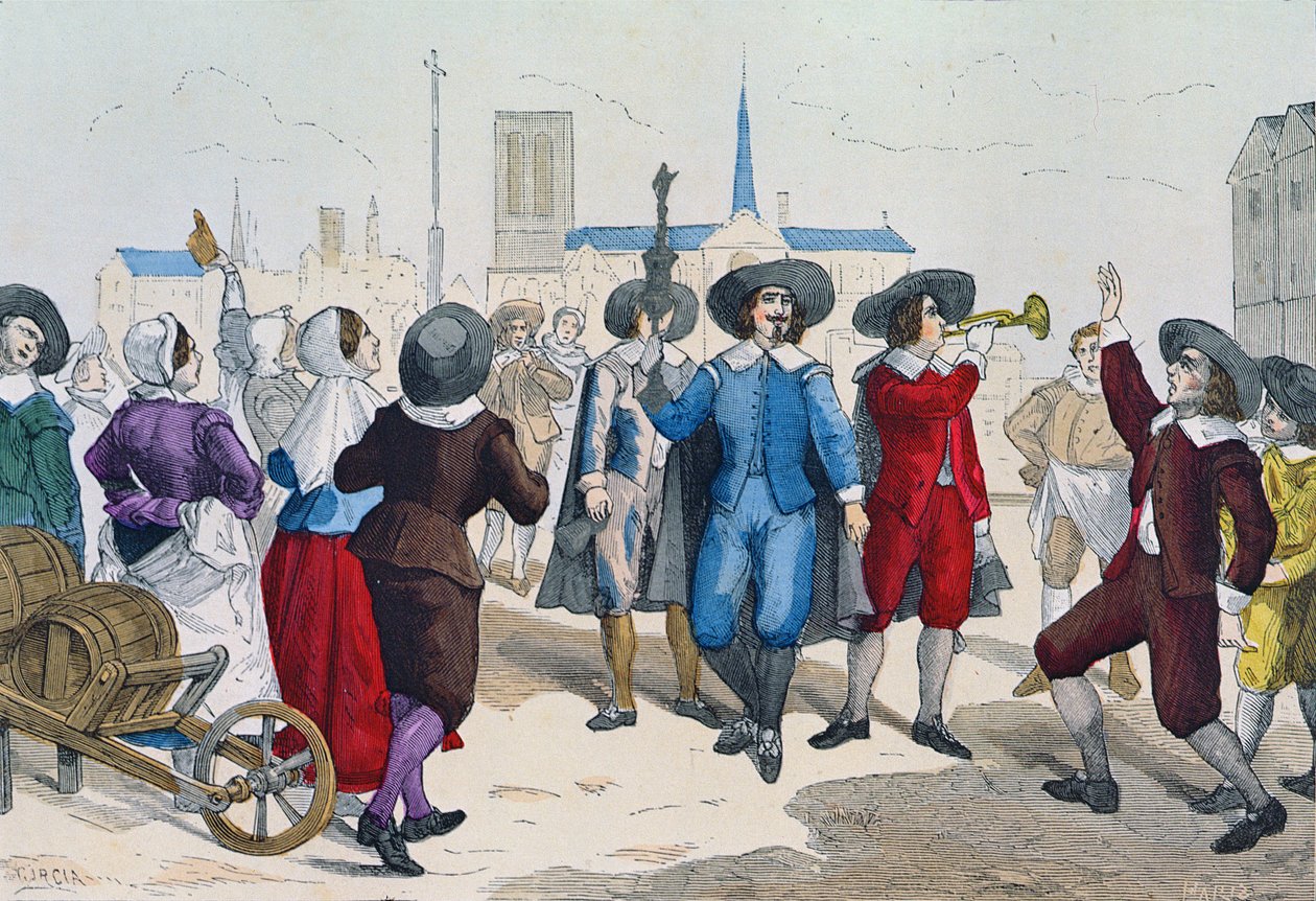 Prodavači vína procházeli ulicemi v době Ludvíka XIII. (1601-43) a předcházel jim jejich vůdce nesoucí stříbrný pohár, z 