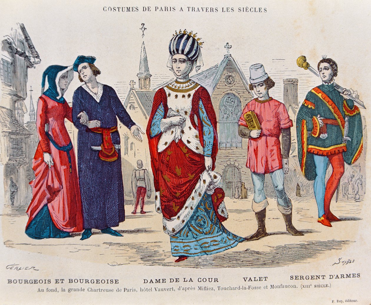 Dvorní kostýmy ve Francii 13. století, ilustrace z „Costumes de Paris a travers les siecles“ od H. Gourdona de Genouillac, rytina Stabla (19. století) (barevná rytina) od Gerlier