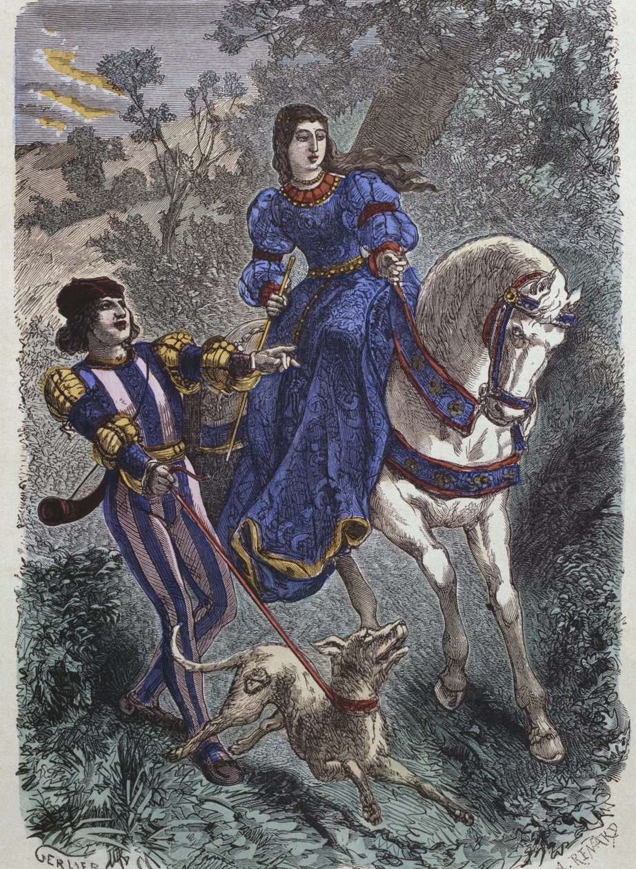 Lovecké kostýmy v 15. století, mladá jezdkyně se svým panošem, ilustrace z „Costumes de Paris a travers les siecles“ od H. Gourdona de Genouillac, rytina A. Renarda (19. století) (kol. od Gerlier