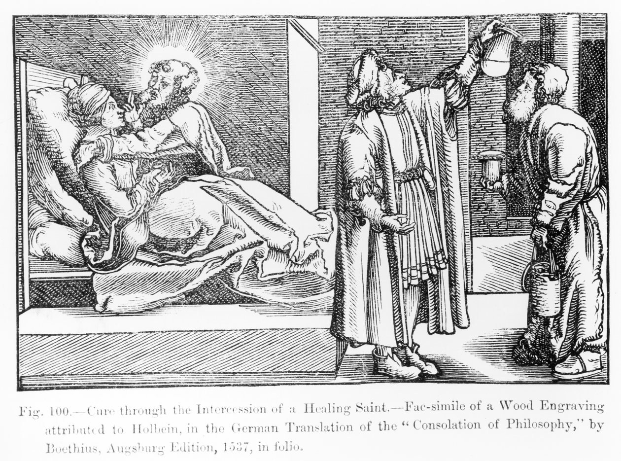 Lék na přímluvu uzdravujícího svatého, z knihy „Útěcha filozofie“ od Boethia, vydané v roce 1537, ilustrace z „Věda a literatura ve středověku a renesanci“, wr. od German School