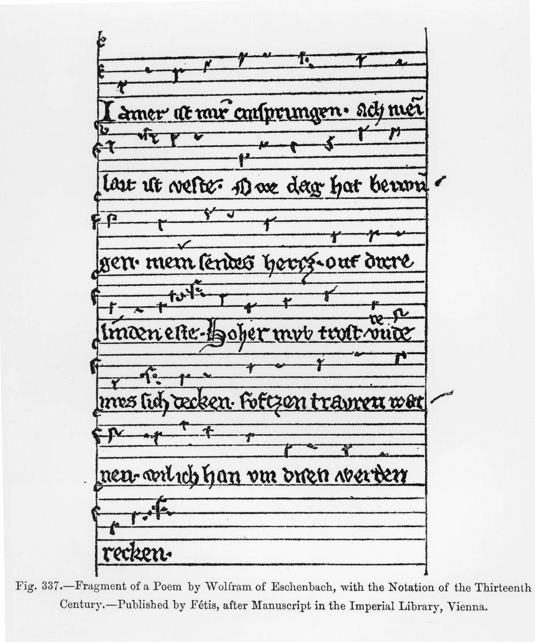 Fragment básně Wolframa z Eschenbachu, vydal Fetis, ilustrace z „Vědy a literatury ve středověku a renesanci, napsal a vyryl Paul Lacroix, 1878 (nar. od German School