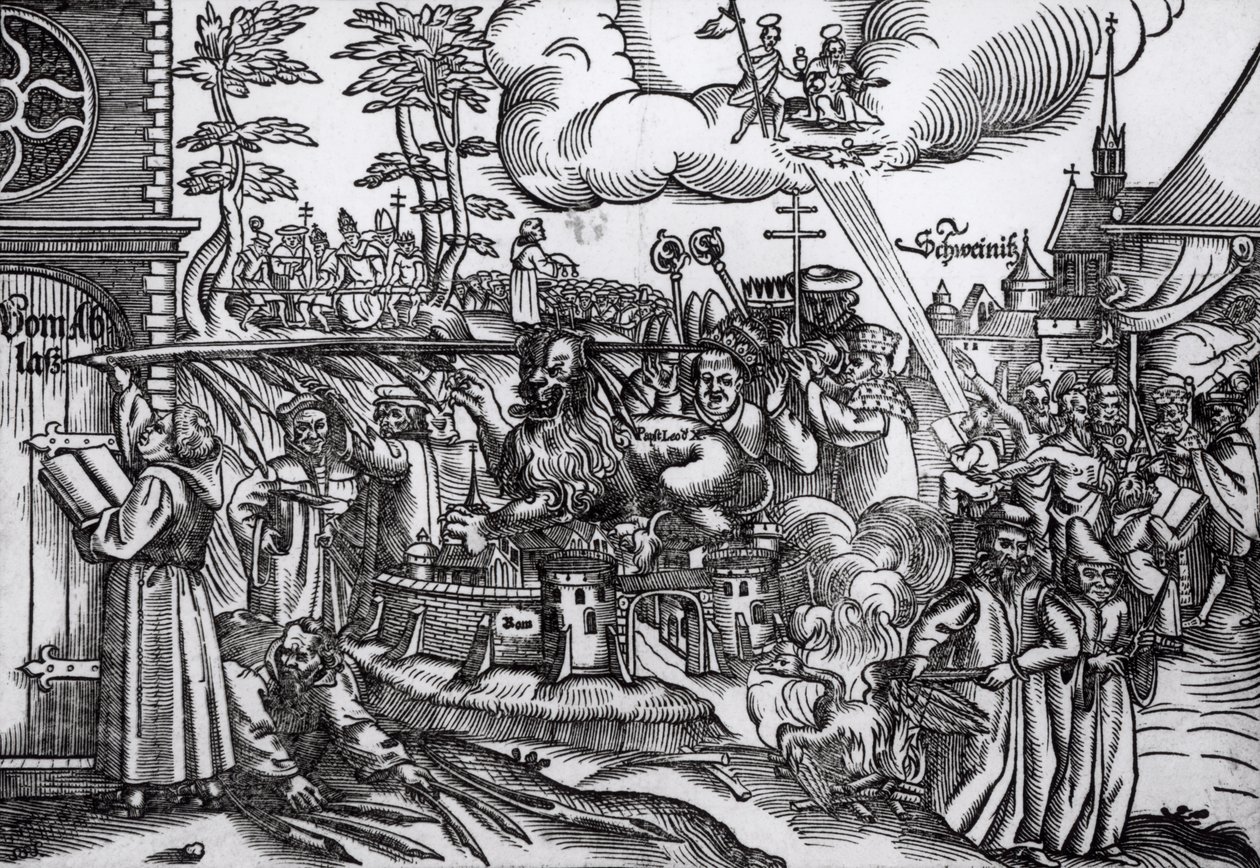Martin Luther (1483-1546) píše na dveře kostela ve Wittenbergu v roce 1517 (dřevořez) (černobílá fotografie) od German School