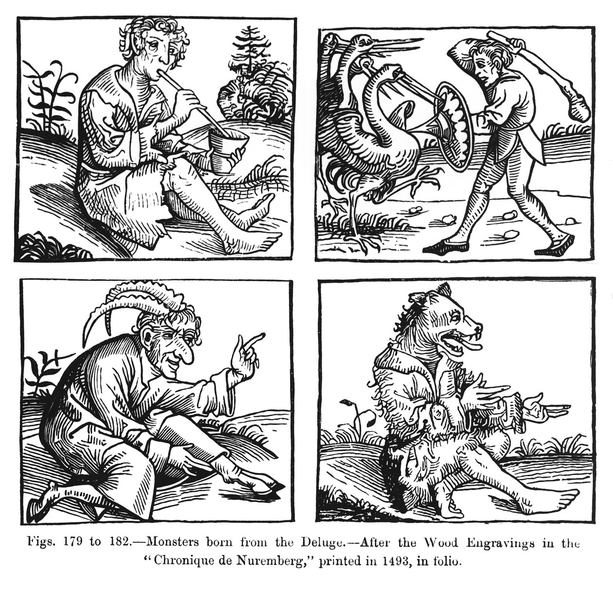 Příšery zrozené z potopy, podle dřevorytin v „Chronique de Nuremberg“, vytištěné v roce 1493, ilustrace z „Vědy a literatury ve středověku a renesanci“, napsané od German School