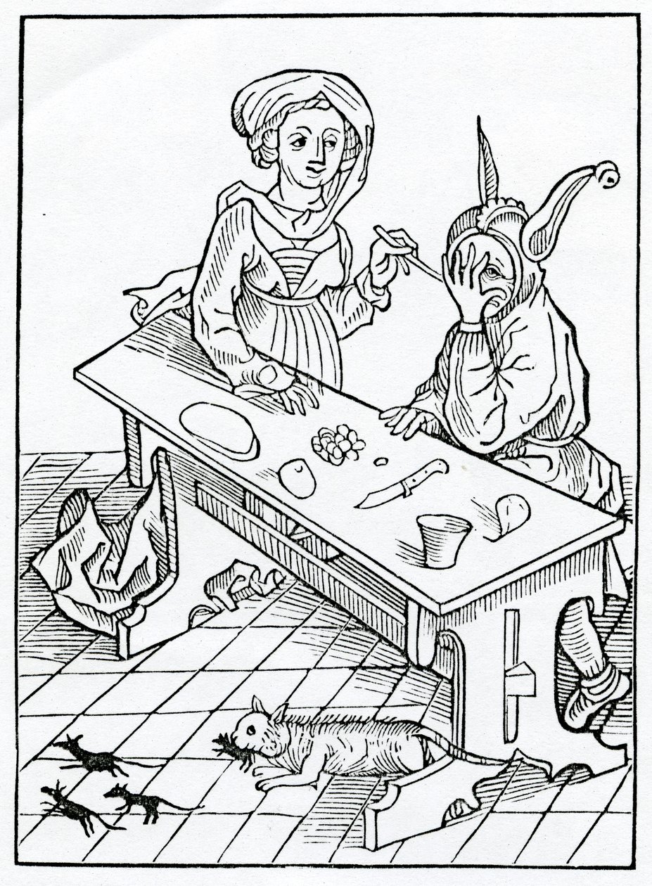 O autorech, a zvláště z nich se chlubí svými wyues, knowynge and wyll nat knowe, but keep counseyll, for couetyse, and gaynes or auauntage, ilustrace z anglického tra Alexandra Barclaye od German School