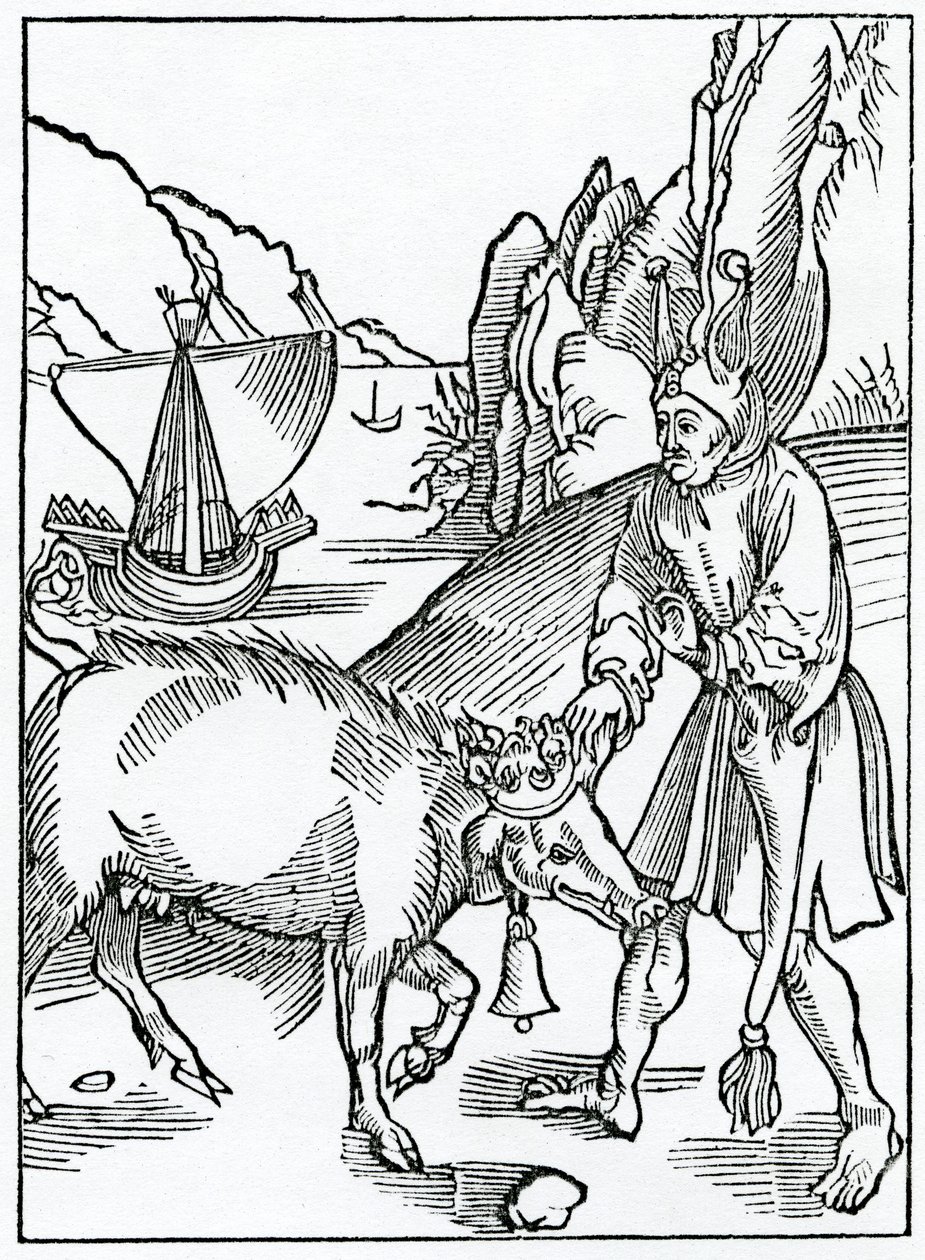 O hlupácích ohavných v ptačích slovech rybawdry, ilustrace z anglického překladu Alexandra Barclaye „The Ship of Fools“, z vydání vydaného v roce 1874 (rytina) od German School